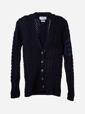 Thom Browne Navy Cable Knit Merino Wool Cardigan Size 36